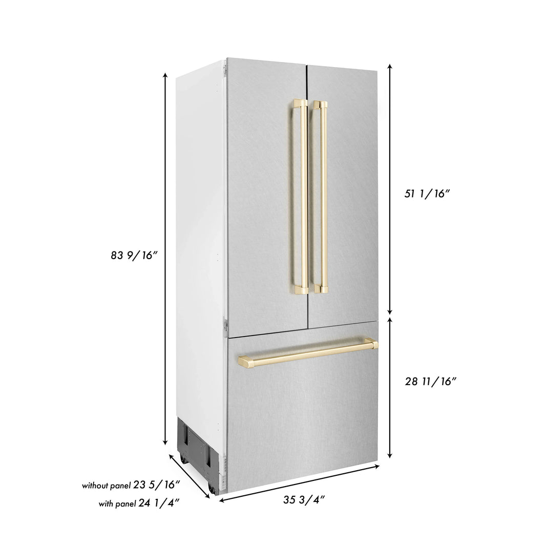 ZLINE 36-Inch Autograph Edition 19.6 cu. ft. Built-in 2-Door Bottom Freezer Refrigerator with Internal Water and Ice Dispenser in Fingerprint Resistant Stainless Steel with Gold Accents (RBIVZ-SN-36-G)