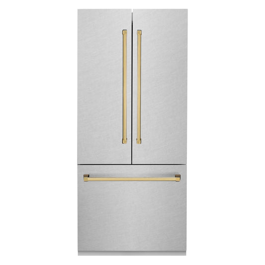 ZLINE 36-Inch Autograph Edition 19.6 cu. ft. Built-in 2-Door Bottom Freezer Refrigerator with Internal Water and Ice Dispenser in Fingerprint Resistant Stainless Steel with Gold Accents (RBIVZ-SN-36-G)