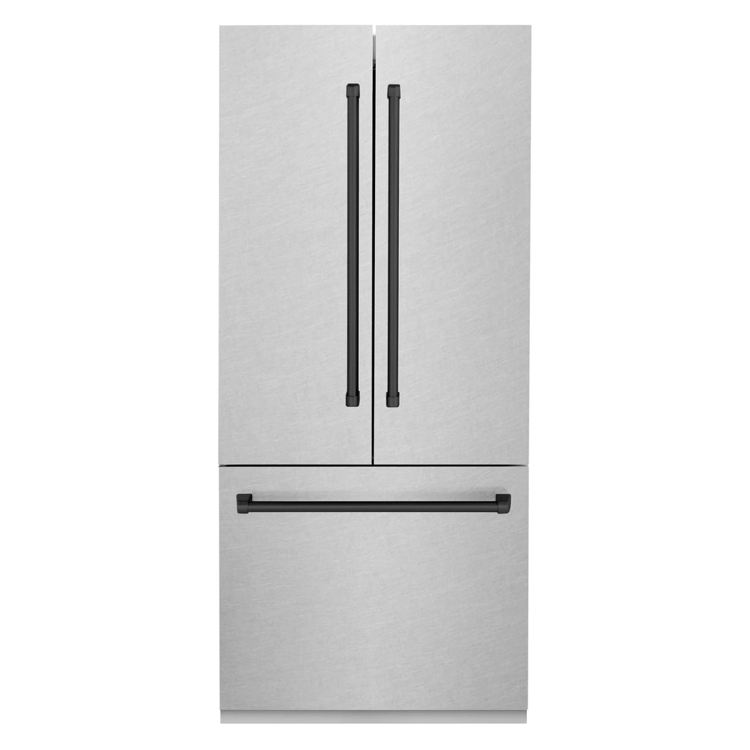 ZLINE 36-Inch Autograph Edition 19.6 cu. ft. Built-in 2-Door Bottom Freezer Refrigerator with Internal Water and Ice Dispenser in DuraSnow Stainless Steel with Matte Black Accents (RBIVZ-SN-36-MB)