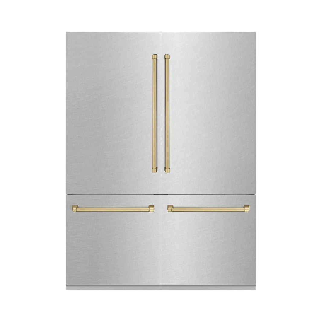 ZLINE 60-Inch Autograph Edition 32.2 cu. ft. Built-in 4-Door French Door Refrigerator with Internal Water and Ice Dispenser in Fingerprint Resistant Stainless Steel with Champagne Bronze Accents (RBIVZ-SN-60-CB)