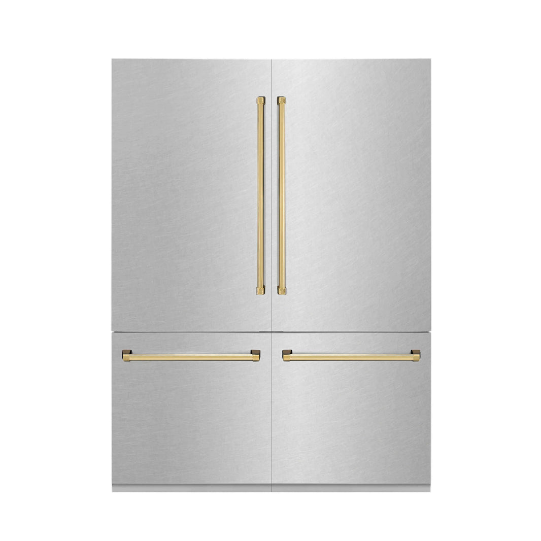 ZLINE 60-Inch Autograph Edition 32.2 cu. ft. Built-in 4-Door French Door Refrigerator with Internal Water and Ice Dispenser in Fingerprint Resistant Stainless Steel with Gold Accents (RBIVZ-SN-60-G)