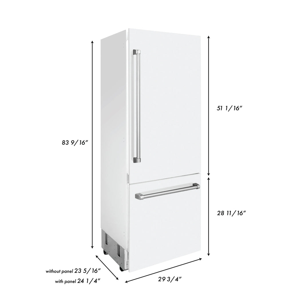 ZLINE 30-Inch 16.1 cu. ft. Built-In 2-Door Bottom Freezer Refrigerator with Internal Water and Ice Dispenser in White Matte (RBIV-WM-30)