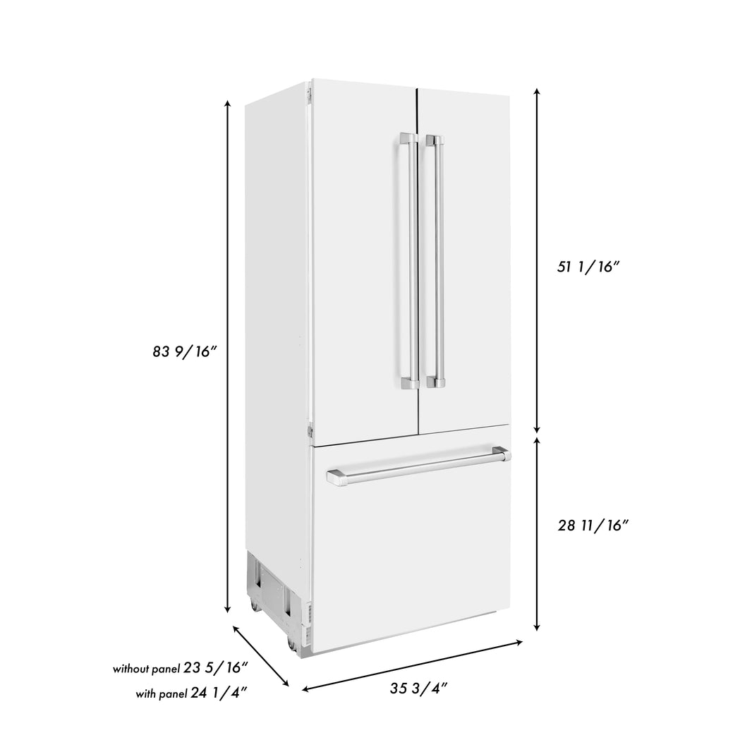 ZLINE 36-Inch 19.6 cu. ft. Built-In 3-Door French Door Refrigerator with Internal Water and Ice Dispenser in White Matte (RBIV-WM-36)