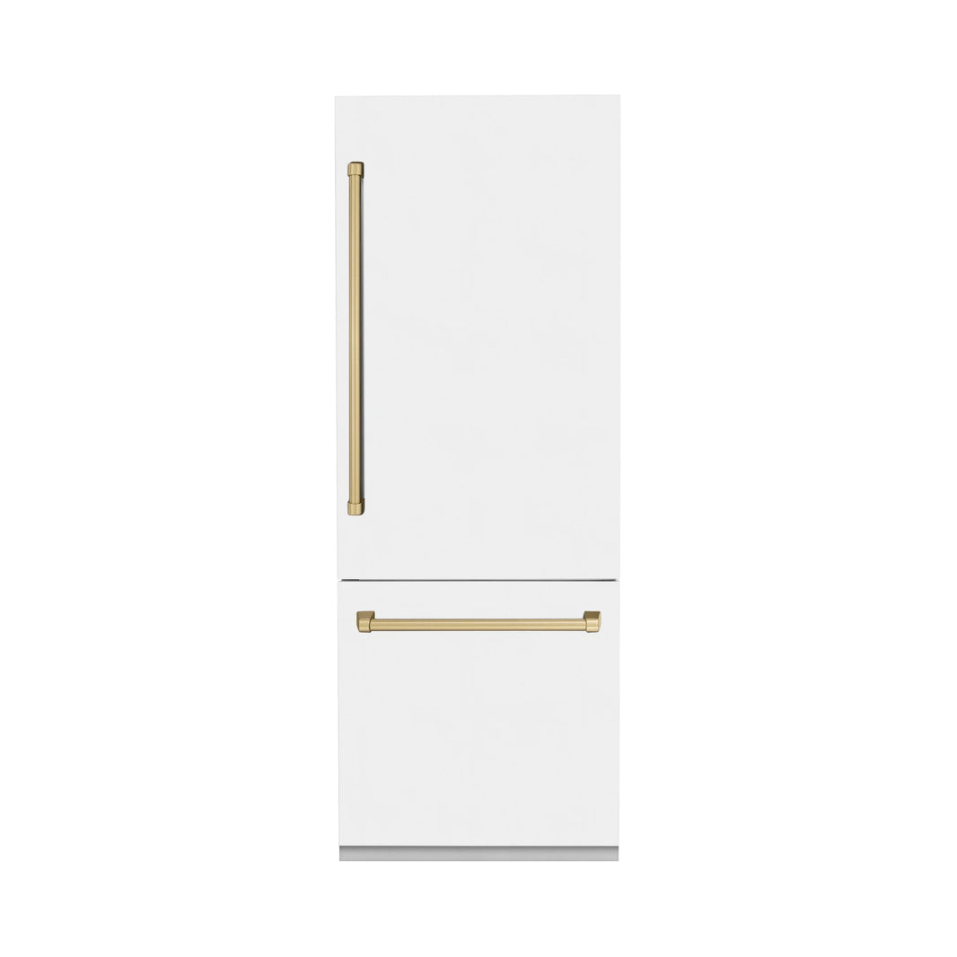 ZLINE 30-Inch Autograph Edition 16.1 cu. ft. Built-in 2-Door Bottom Freezer Refrigerator with Internal Water and Ice Dispenser in White Matte with Champagne Bronze Accents (RBIVZ-WM-30-CB)