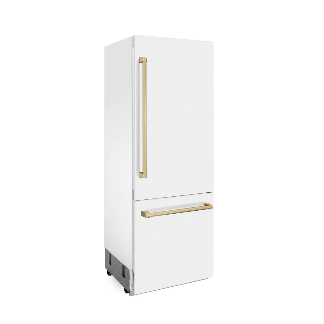 ZLINE 30-Inch Autograph Edition 16.1 cu. ft. Built-in 2-Door Bottom Freezer Refrigerator with Internal Water and Ice Dispenser in White Matte with Champagne Bronze Accents (RBIVZ-WM-30-CB)