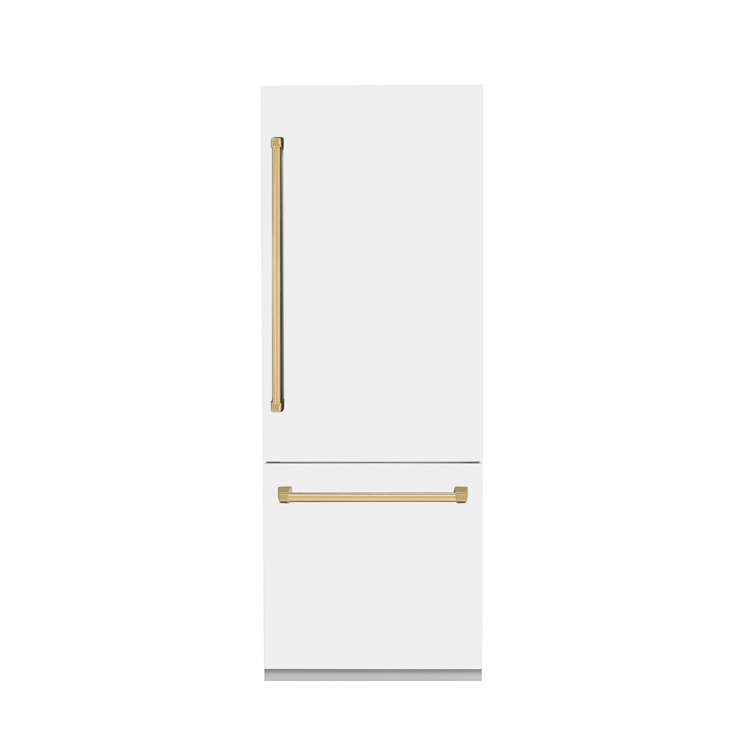 ZLINE 30-Inch Autograph Edition 16.1 cu. ft. Built-in 2-Door Bottom Freezer Refrigerator with Internal Water and Ice Dispenser in White Matte with Gold Accents (RBIVZ-WM-30-G)