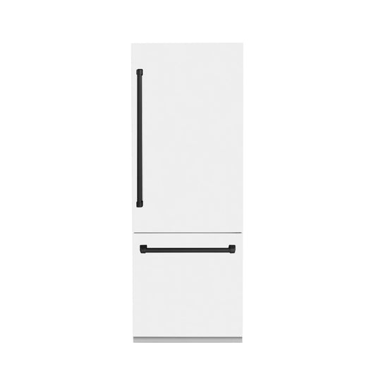 ZLINE 30-Inch Autograph Edition 16.1 cu. ft. Built-in 2-Door Bottom Freezer Refrigerator with Internal Water and Ice Dispenser in White Matte with Matte Black Accents (RBIVZ-WM-30-MB)