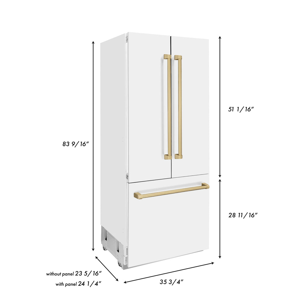 ZLINE 36-Inch Autograph Edition 19.6 cu. ft. Built-in 2-Door Bottom Freezer Refrigerator with Internal Water and Ice Dispenser in White Matte with Champagne Bronze Accents (RBIVZ-WM-36-CB)