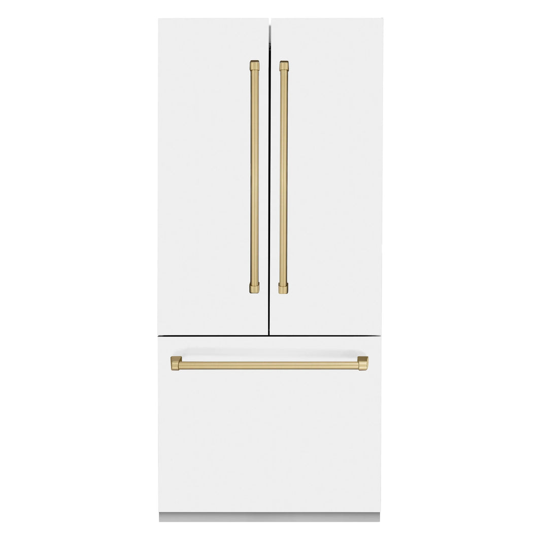 ZLINE 36-Inch Autograph Edition 19.6 cu. ft. Built-in 2-Door Bottom Freezer Refrigerator with Internal Water and Ice Dispenser in White Matte with Champagne Bronze Accents (RBIVZ-WM-36-CB)