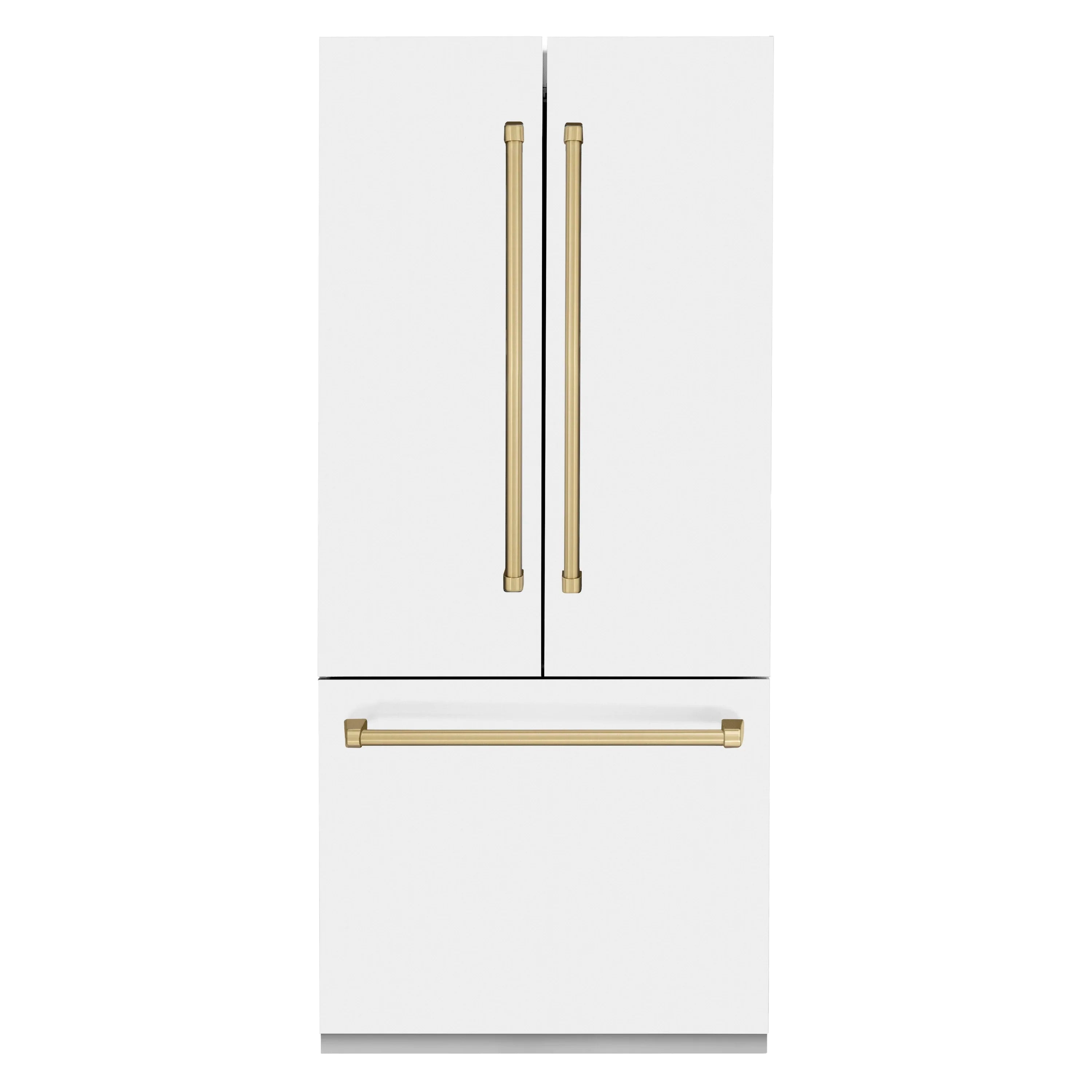 ZLINE 36-Inch Autograph Edition 19.6 cu. ft. Built-in 2-Door Bottom Freezer Refrigerator with Internal Water and Ice Dispenser in White Matte with Champagne Bronze Accents (RBIVZ-WM-36-CB)