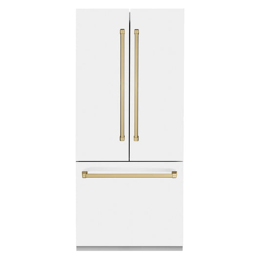 ZLINE 36-Inch Autograph Edition 19.6 cu. ft. Built-in 2-Door Bottom Freezer Refrigerator with Internal Water and Ice Dispenser in White Matte with Champagne Bronze Accents (RBIVZ-WM-36-CB)