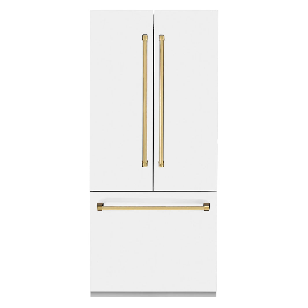 ZLINE 36-Inch Autograph Edition 19.6 cu. ft. Built-in 2-Door Bottom Freezer Refrigerator with Internal Water and Ice Dispenser in White Matte with Gold Accents (RBIVZ-WM-36-G)