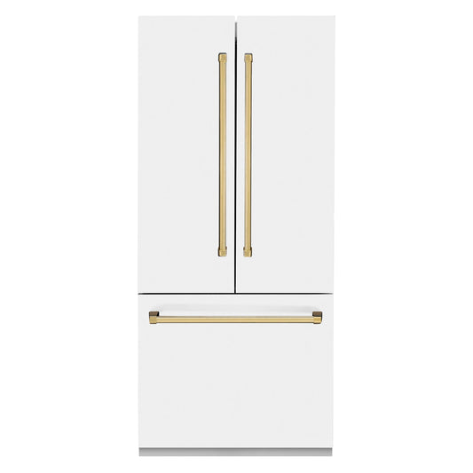 ZLINE 36-Inch Autograph Edition 19.6 cu. ft. Built-in 2-Door Bottom Freezer Refrigerator with Internal Water and Ice Dispenser in White Matte with Gold Accents (RBIVZ-WM-36-G)