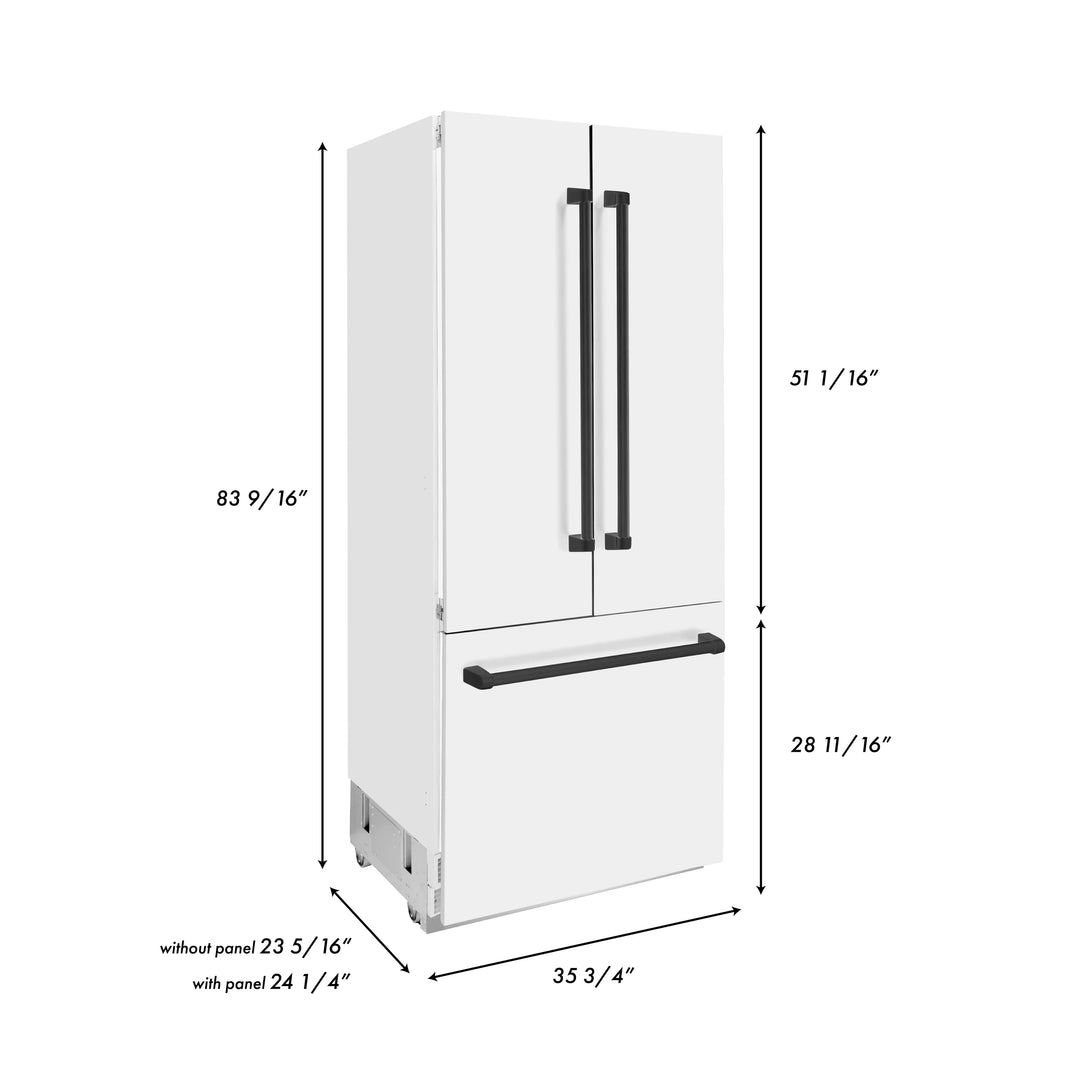 ZLINE 36-Inch Autograph Edition 19.6 cu. ft. Built-in 2-Door Bottom Freezer Refrigerator with Internal Water and Ice Dispenser in White Matte with Matte Black Accents (RBIVZ-WM-36-MB)