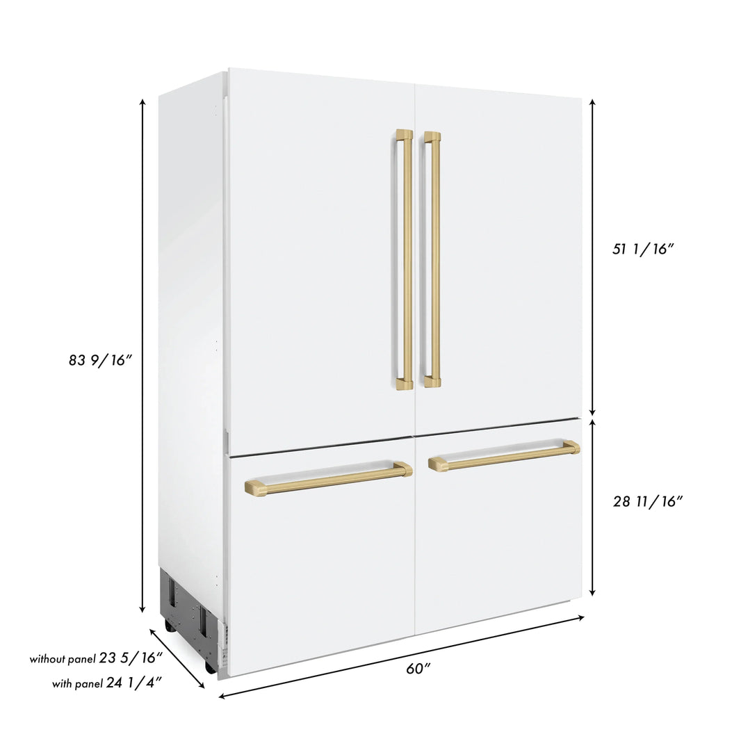 ZLINE 60-Inch Autograph Edition 32.2 cu. ft. Built-in 4-Door French Door Refrigerator with Internal Water and Ice Dispenser in White Matte with Champagne Bronze Accents (RBIVZ-WM-60-CB)