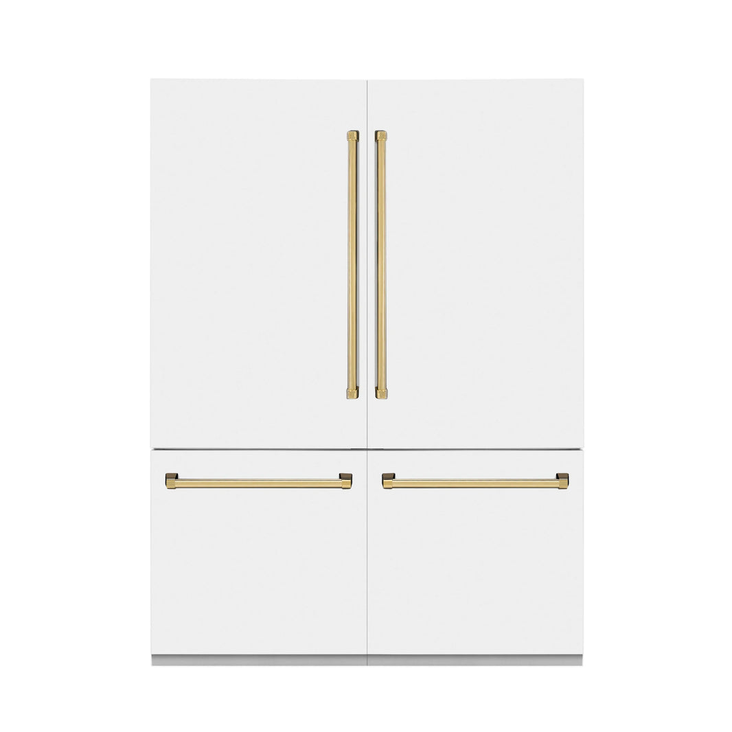 ZLINE 60-Inch Autograph Edition 32.2 cu. ft. Built-in 4-Door French Door Refrigerator with Internal Water and Ice Dispenser in White Matte with Gold Accents (RBIVZ-WM-60-G)