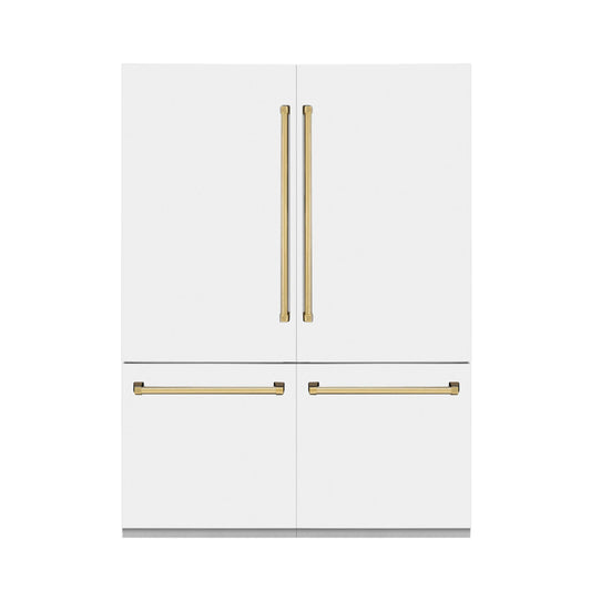 ZLINE 60-Inch Autograph Edition 32.2 cu. ft. Built-in 4-Door French Door Refrigerator with Internal Water and Ice Dispenser in White Matte with Gold Accents (RBIVZ-WM-60-G)