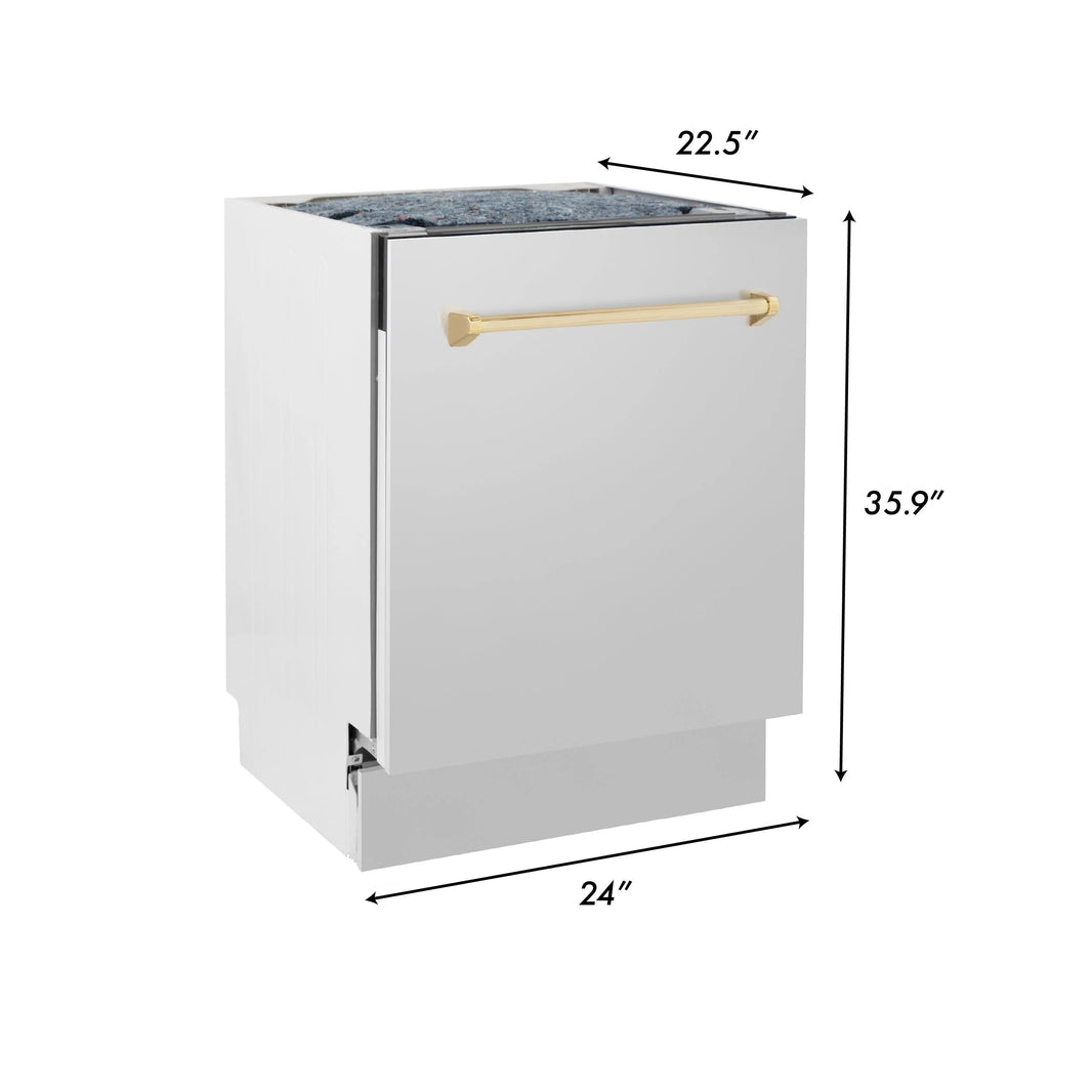 ZLINE Autograph Edition 4-Piece Appliance Package - 30" Dual Fuel Range, 36" Refrigerator with Water Dispenser, Wall Mounted Range Hood, & 24" Tall Tub Dishwasher in Stainless Steel with Gold Trim (4AKPR-RARHDWM30-G)