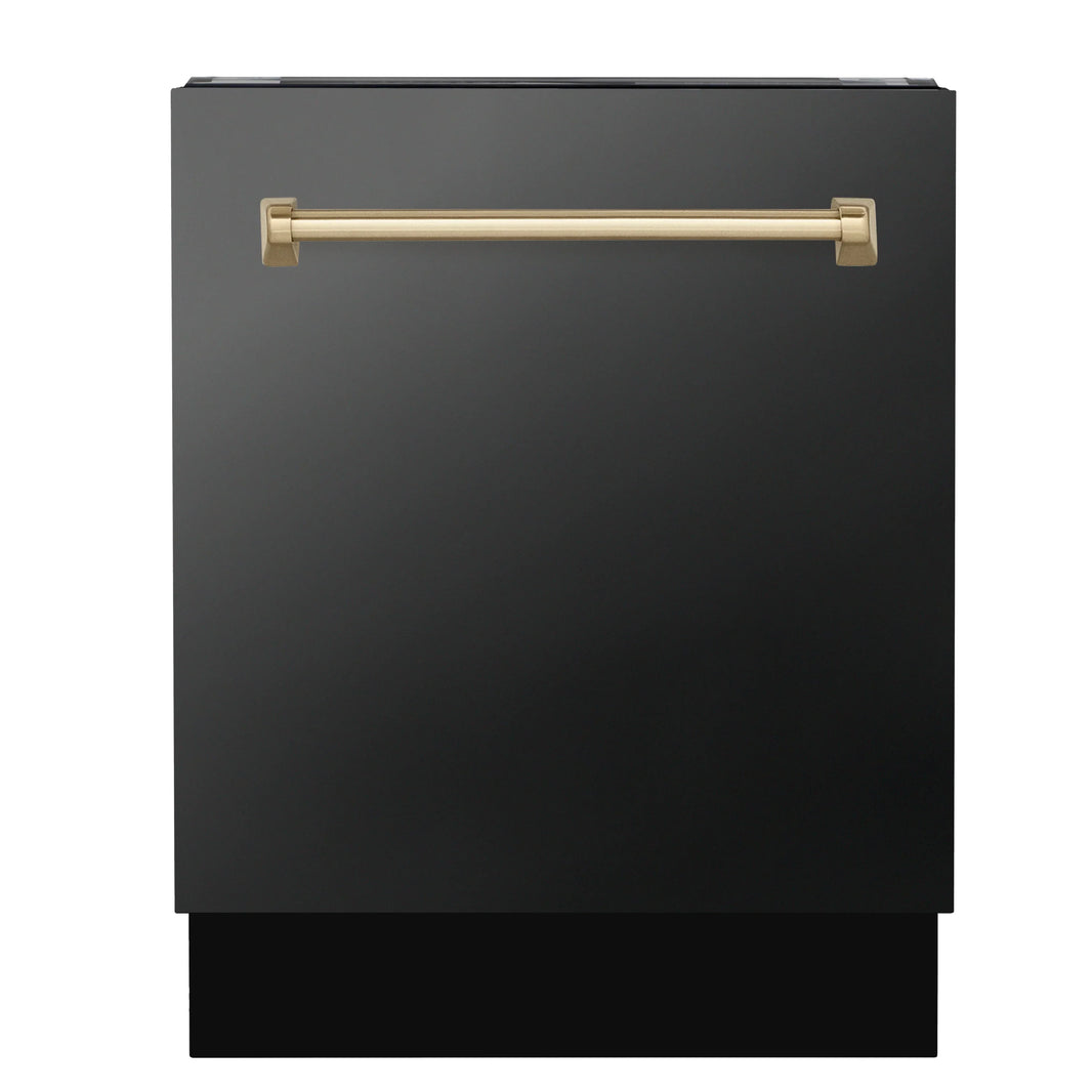 ZLINE Autograph Edition 3-Piece Appliance Package - 48" Dual Fuel Range, Wall Mounted Range Hood, & 24" Tall Tub Dishwasher in Black Stainless Steel with Champagne Bronze Trim (3AKP-RABRHDWV48-CB)