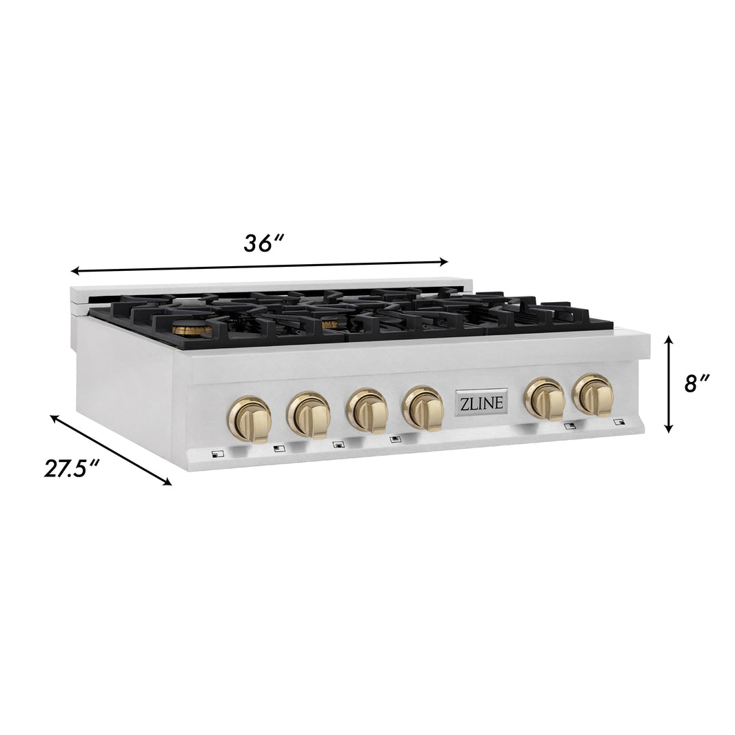 ZLINE Autograph Edition 36-Inch Porcelain Rangetop with 6 Gas Burners in DuraSnow® Stainless Steel and Gold Accents (RTSZ-36-G)