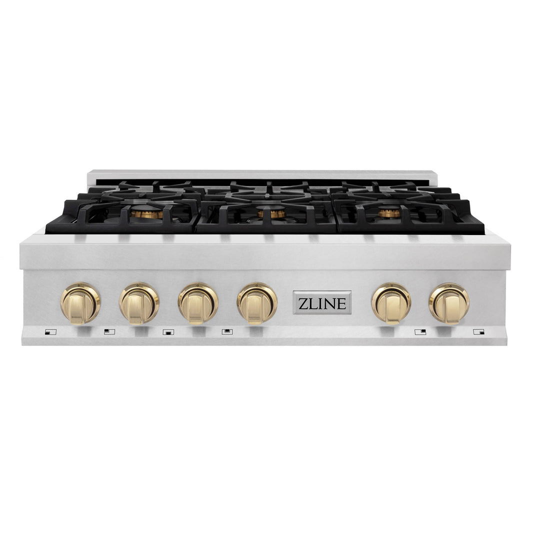 ZLINE Autograph Edition 36-Inch Porcelain Rangetop with 6 Gas Burners in DuraSnow® Stainless Steel and Gold Accents (RTSZ-36-G)