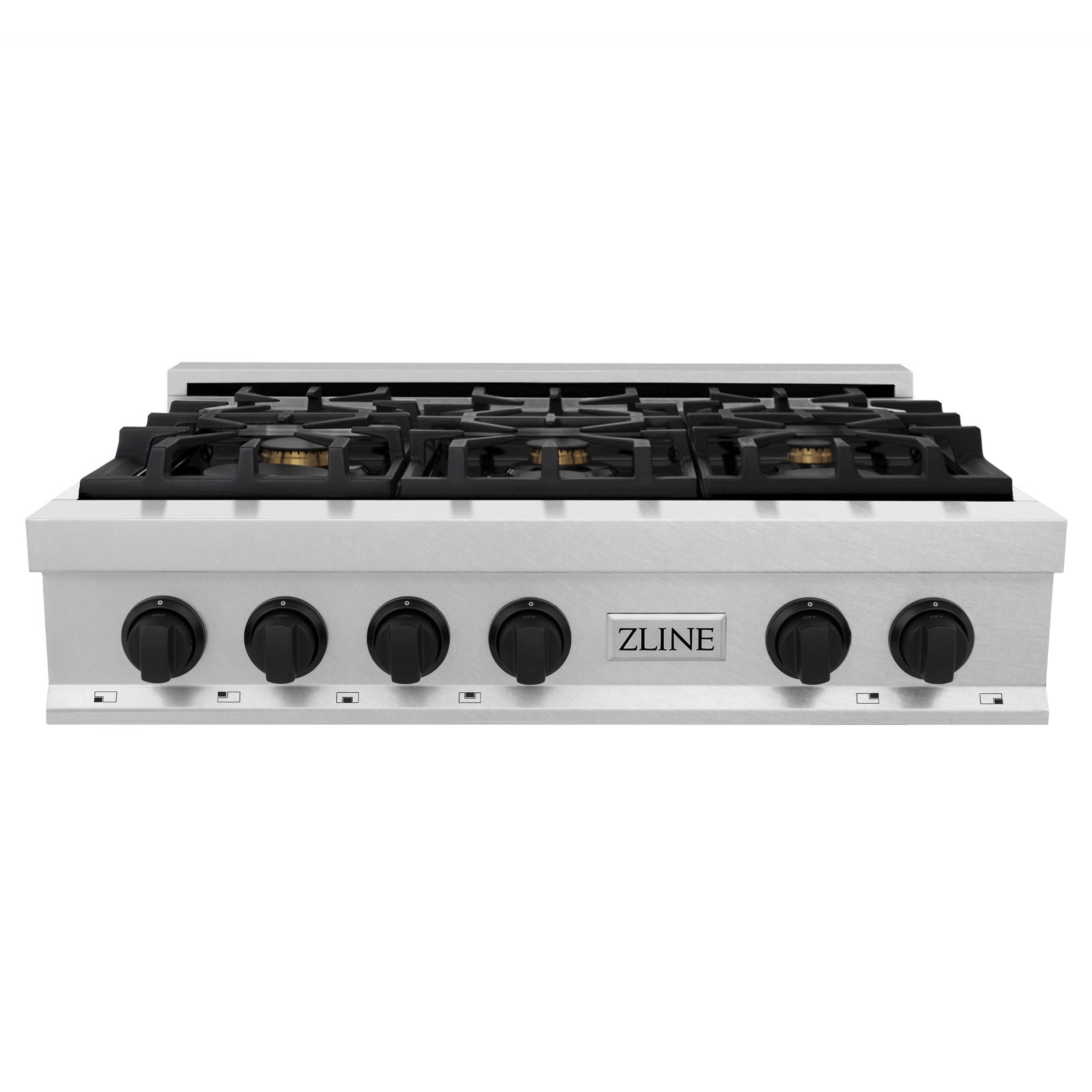 ZLINE Autograph Edition 36-Inch Porcelain Rangetop with 6 Gas Burners in DuraSnow® Stainless Steel and Matte Black Accents (RTSZ-36-MB)