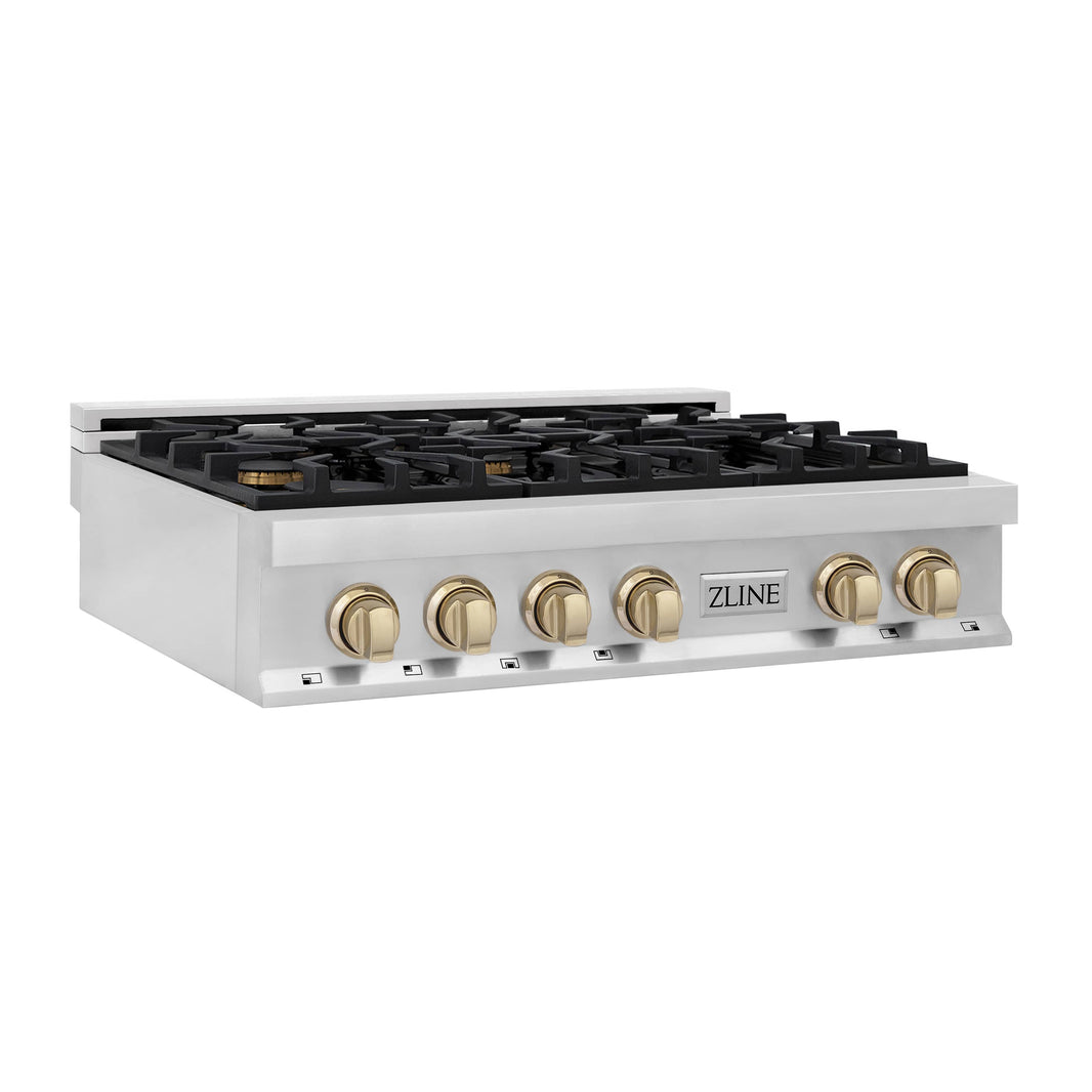 ZLINE Autograph Edition 36-Inch Porcelain Rangetop with 6 Gas Burners in Stainless Steel and Gold Accents (RTZ-36-G)