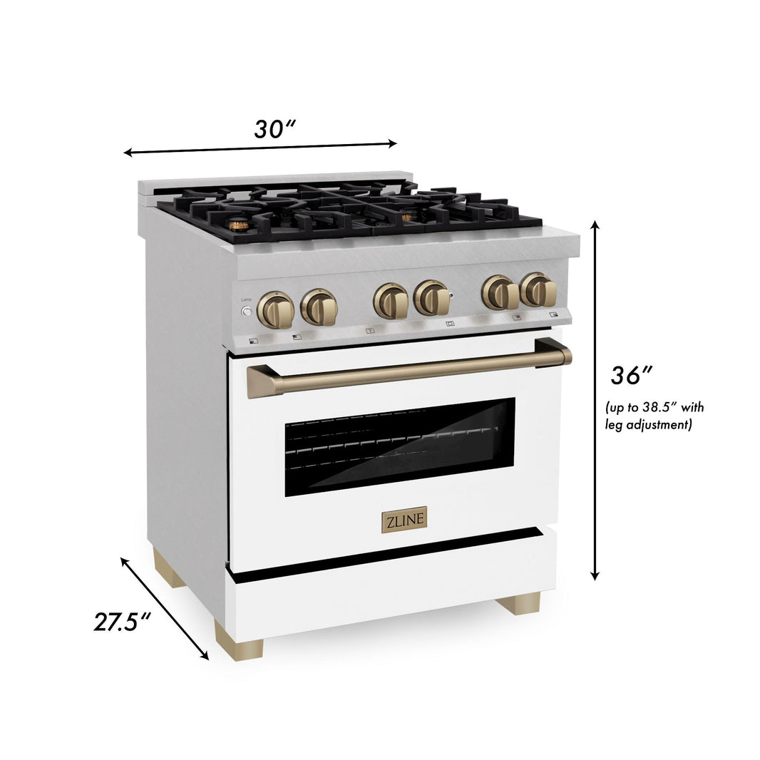 ZLINE Autograph Edition 30-Inch Dual Fuel Range in DuraSnow Stainless Steel with White Matte Door and Champagne Bronze Accents (RASZ-WM-30-CB)