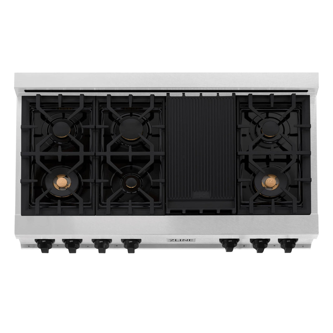 ZLINE Autograph Edition 48-Inch Porcelain Rangetop with 7 Gas Burners in DuraSnow® Stainless Steel and Gold Accents (RTSZ-48-MB)