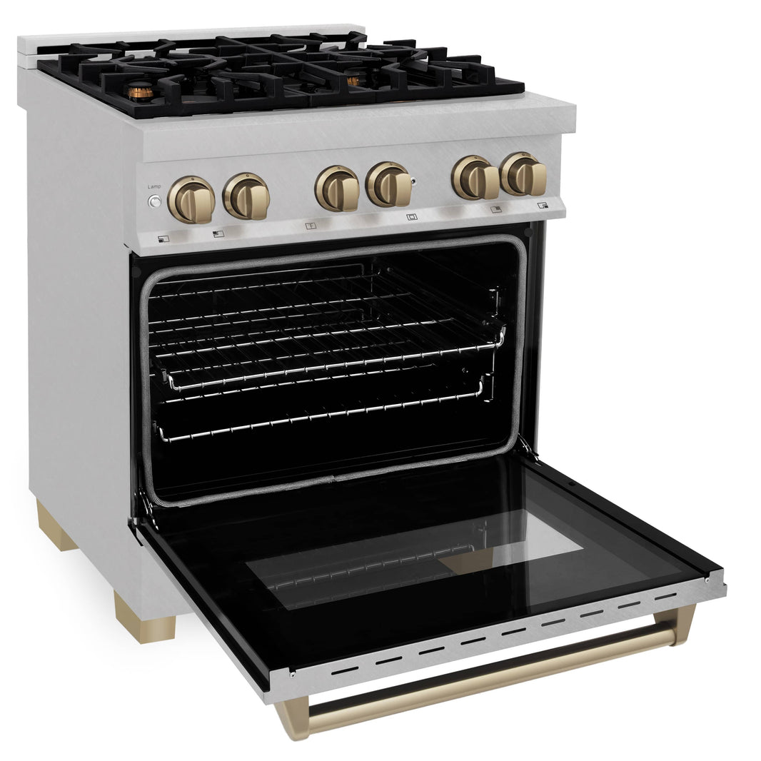 ZLINE Autograph Edition 30-Inch 4.0 cu. ft. Dual Fuel Range with Gas Stove and Electric Oven in DuraSnow Stainless Steel with Champagne Bronze Accents (RASZ-SN-30-CB)