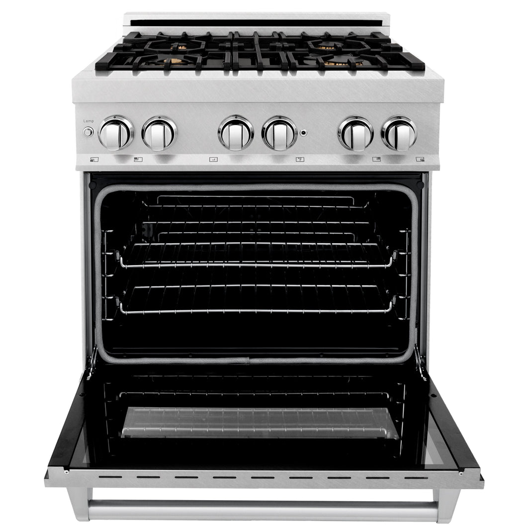 ZLINE 30-Inch Dual Fuel Range with 4.0 cu. ft. Electric Oven and Gas Cooktop with Brass Burners and Griddle in DuraSnow Fingerprint Resistant Stainless (RAS-SN-BR-GR-30)