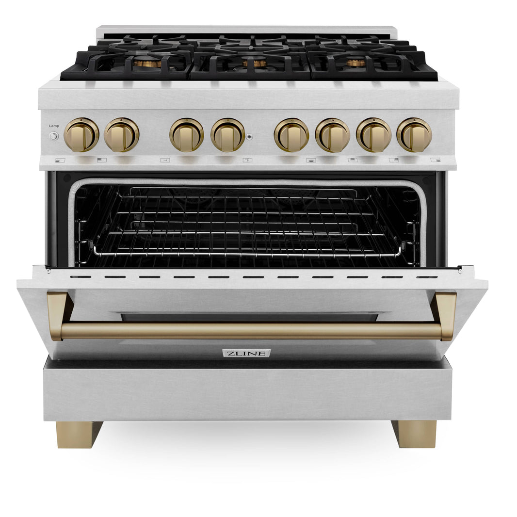 ZLINE Autograph Edition 36-Inch 4.6 cu. ft. Dual Fuel Range with Gas Stove and Electric Oven in DuraSnow Stainless Steel with Champagne Bronze Accents (RASZ-SN-36-CB)