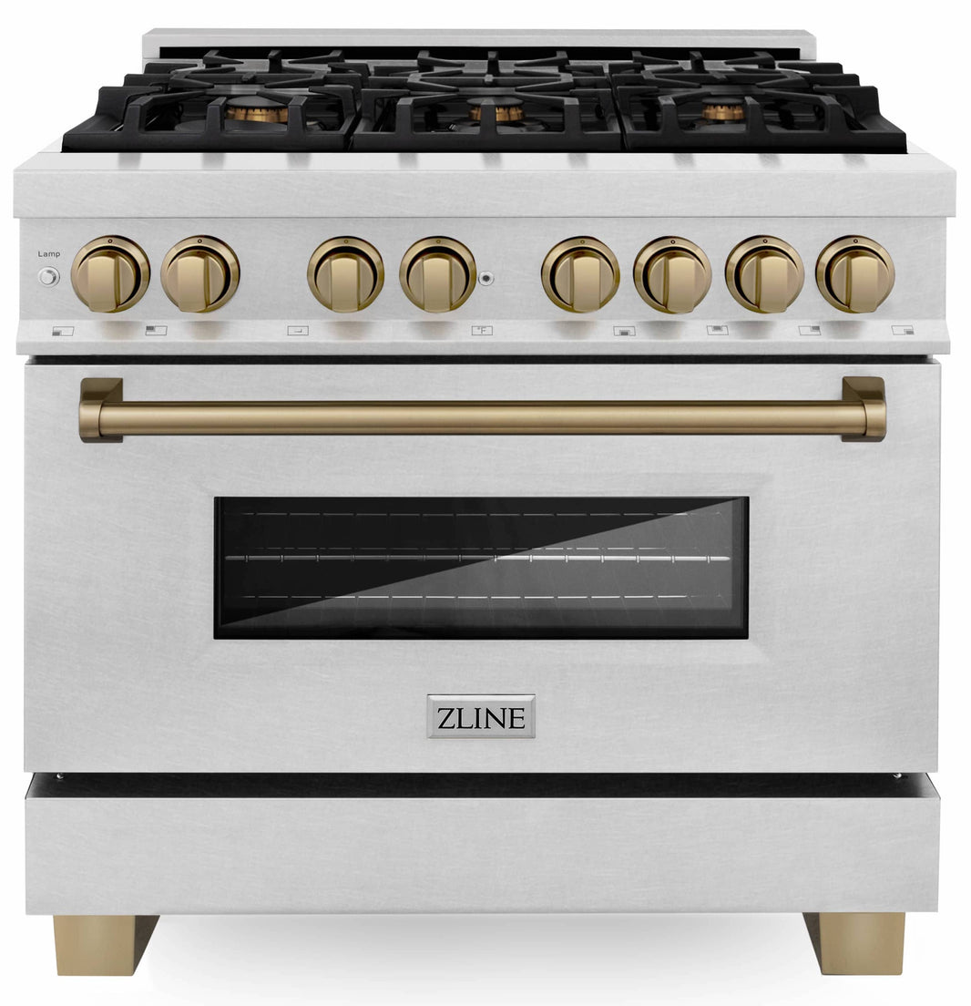 ZLINE Autograph Edition 36-Inch 4.6 cu. ft. Dual Fuel Range with Gas Stove and Electric Oven in DuraSnow Stainless Steel with Champagne Bronze Accents (RASZ-SN-36-CB)