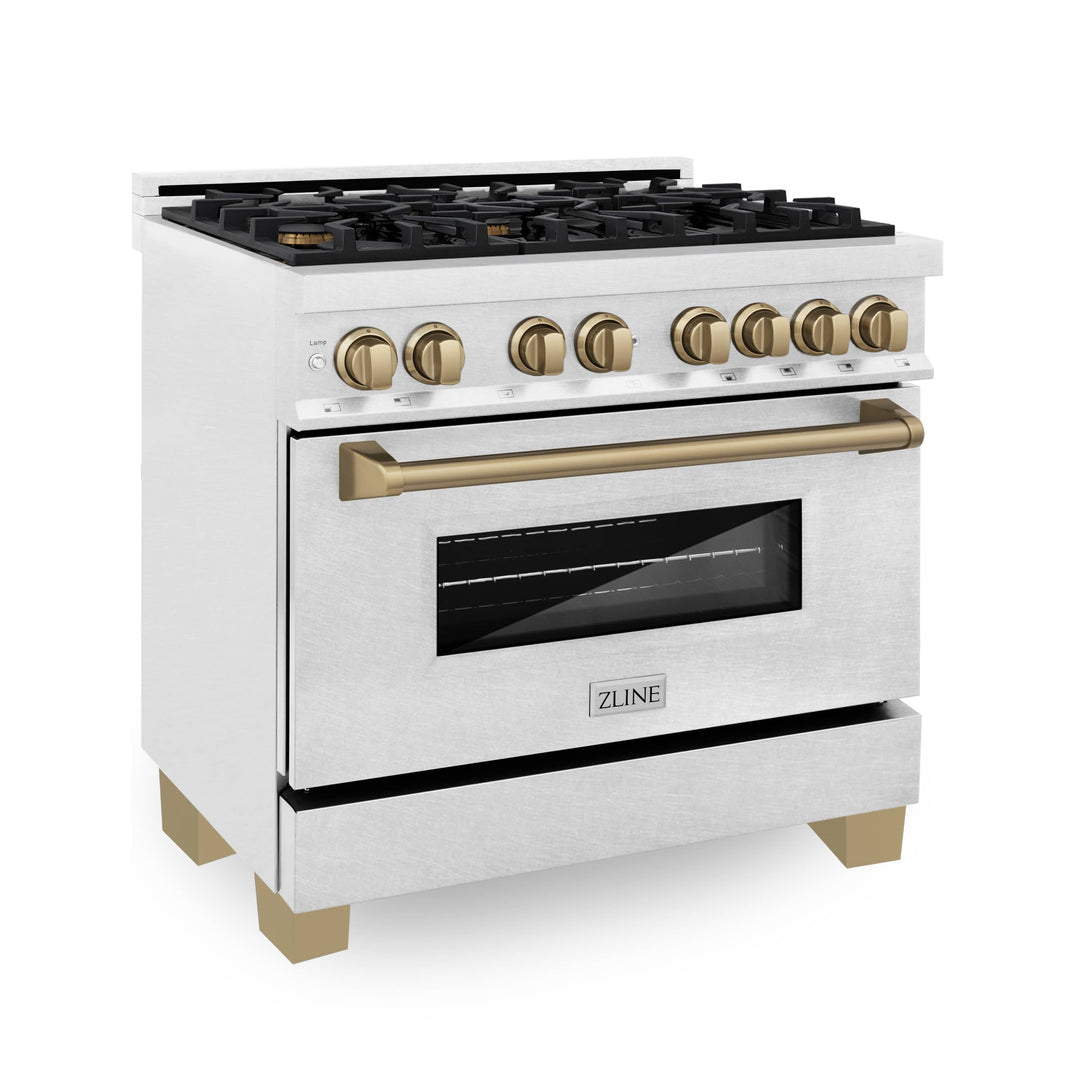 ZLINE Autograph Edition 36-Inch 4.6 cu. ft. Dual Fuel Range with Gas Stove and Electric Oven in DuraSnow Stainless Steel with Champagne Bronze Accents (RASZ-SN-36-CB)