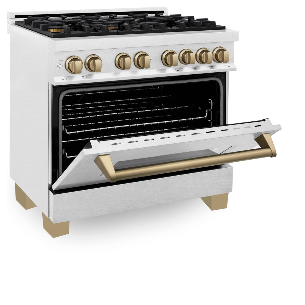 ZLINE Autograph Edition 36-Inch 4.6 cu. ft. Dual Fuel Range with Gas Stove and Electric Oven in DuraSnow Stainless Steel with Champagne Bronze Accents (RASZ-SN-36-CB)