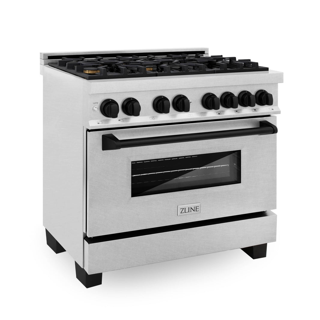 ZLINE Autograph Edition 36-Inch Dual Fuel Range with Gas Stove and Electric Oven in DuraSnow Stainless Steel with Matte Black Accents (RASZ-SN-36-MB)