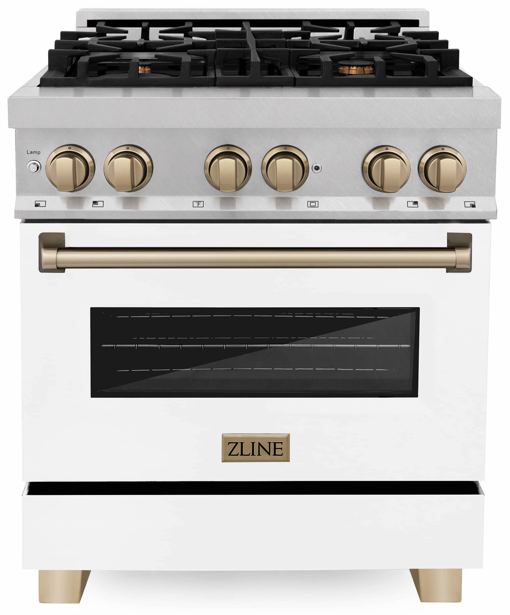 ZLINE Autograph Edition 30-Inch Dual Fuel Range in DuraSnow Stainless Steel with White Matte Door and Champagne Bronze Accents (RASZ-WM-30-CB)