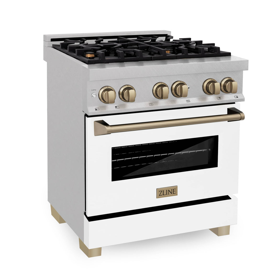 ZLINE Autograph Edition 30-Inch Dual Fuel Range in DuraSnow Stainless Steel with White Matte Door and Champagne Bronze Accents (RASZ-WM-30-CB)