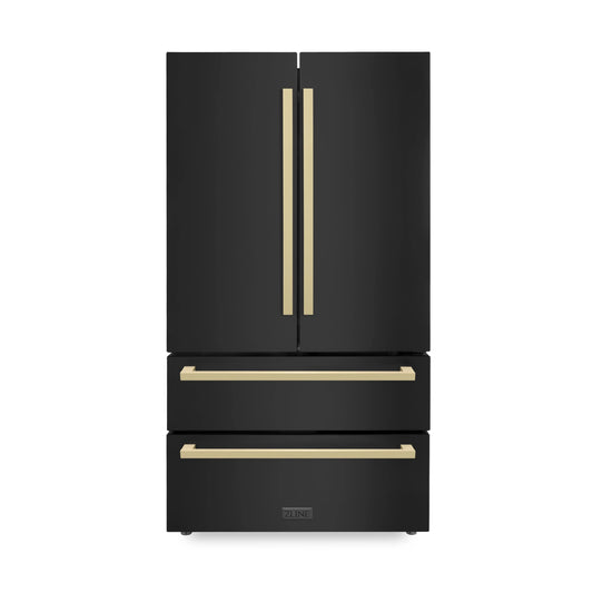 ZLINE 36-Inch Autograph Edition 22.5 cu. ft 4-Door French Door Refrigerator with Ice Maker in Black Stainless Steel with Champagne Bronze Square Handles (RFMZ-36-BS-FCB)