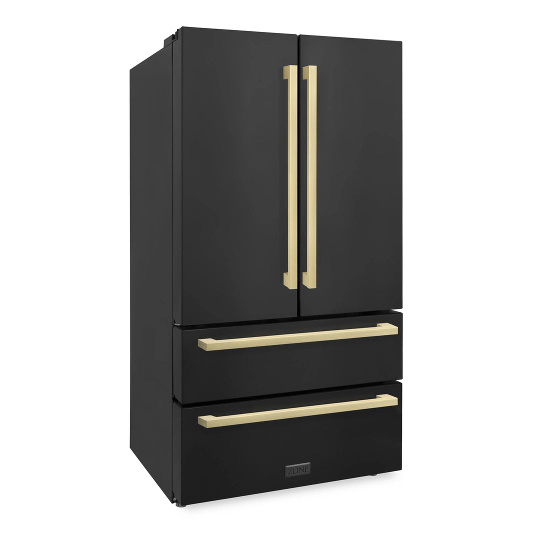 ZLINE 36-Inch Autograph Edition 22.5 cu. ft 4-Door French Door Refrigerator with Ice Maker in Black Stainless Steel with Champagne Bronze Square Handles (RFMZ-36-BS-FCB)