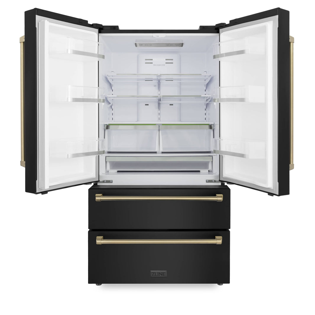 ZLINE Autograph Edition 36" 22.5 cu. ft Freestanding French Door Refrigerator with Ice Maker in Black Stainless Steel with Champagne Bronze Trim (RFMZ-36-BS-CB)