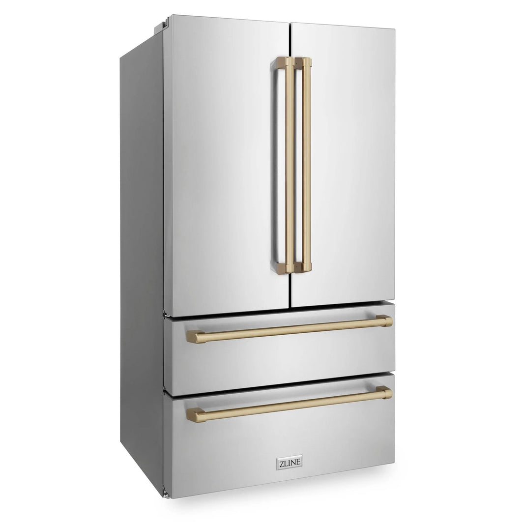 ZLINE Autograph Edition 36" 22.5 cu. ft Freestanding French Door Refrigerator with Ice Maker in Stainless Steel with Champagne Bronze Trim (RFMZ-36-CB)