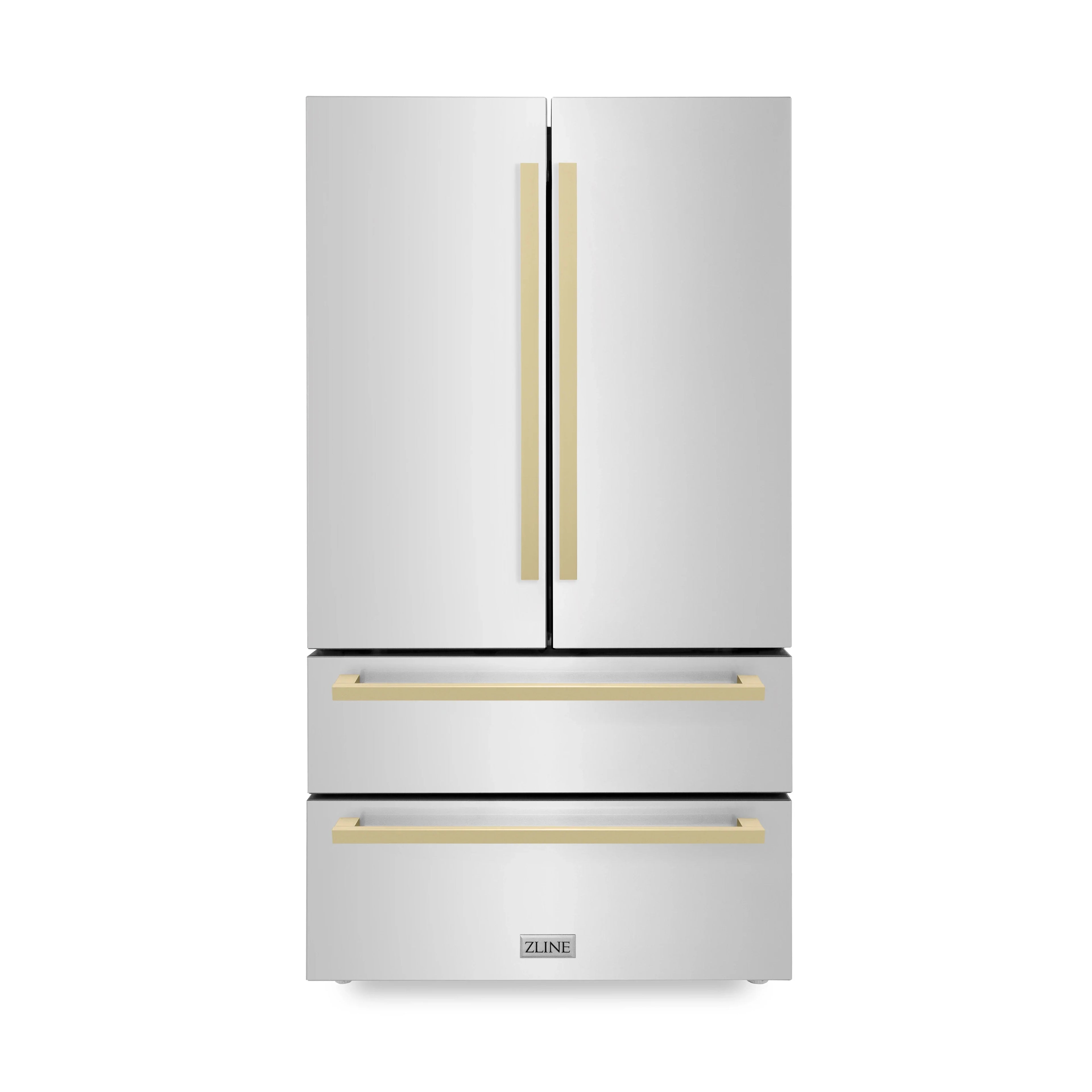 ZLINE 36-Inch Autograph Edition 22.5 cu. ft 4-Door French Door Refrigerator with Ice Maker in Stainless Steel with Champagne Bronze Square Handles (RFMZ-36-FCB)