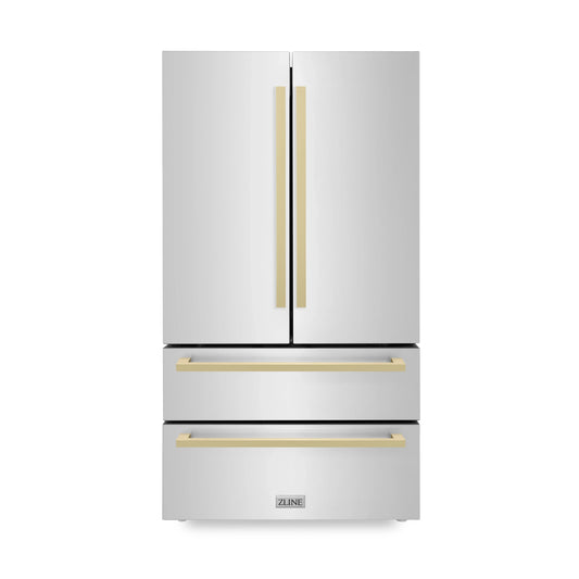 ZLINE 36-Inch Autograph Edition 22.5 cu. ft 4-Door French Door Refrigerator with Ice Maker in Stainless Steel with Champagne Bronze Square Handles (RFMZ-36-FCB)