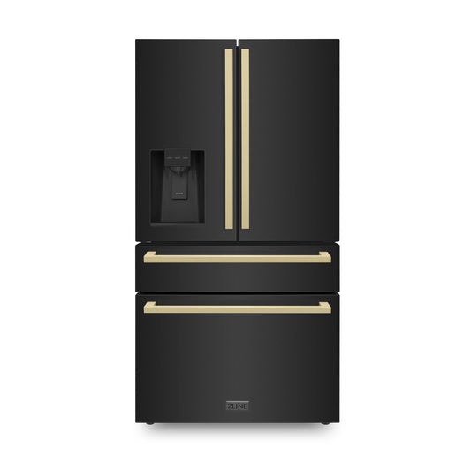 ZLINE 36-Inch Autograph Edition 21.6 cu. ft 4-Door French Door Refrigerator with Water and Ice Dispenser in Black Stainless Steel with Champagne Bronze Square Handles (RFMZ-W36-BS-FCB)