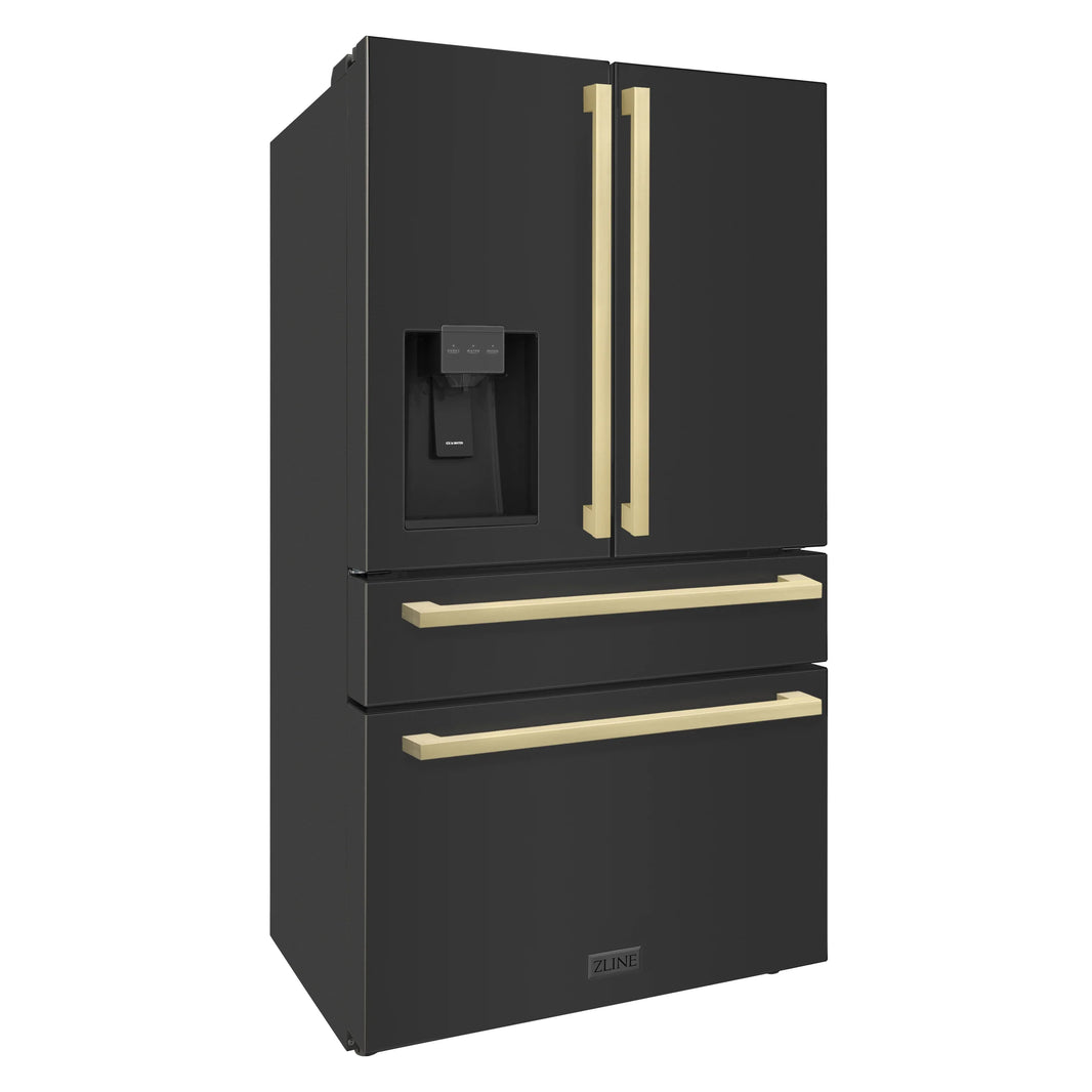 ZLINE 36-Inch Autograph Edition 21.6 cu. ft 4-Door French Door Refrigerator with Water and Ice Dispenser in Black Stainless Steel with Champagne Bronze Square Handles (RFMZ-W36-BS-FCB)