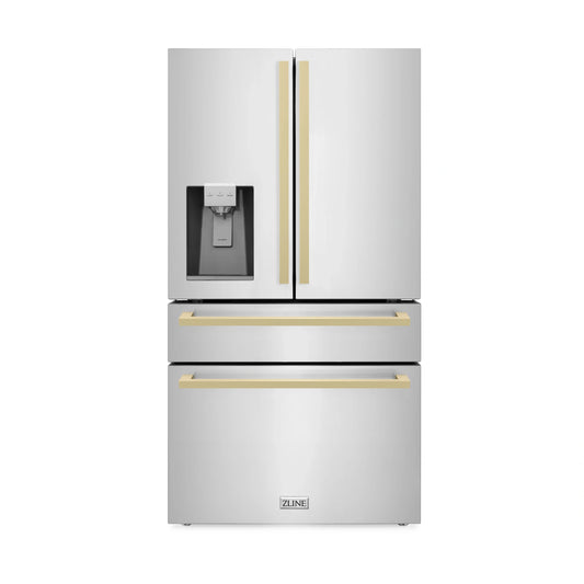 ZLINE 36-Inch Autograph Edition 21.6 cu. ft 4-Door French Door Refrigerator with Water and Ice Dispenser in Stainless Steel with Champagne Bronze Square Handles (RFMZ-W-36-FCB)