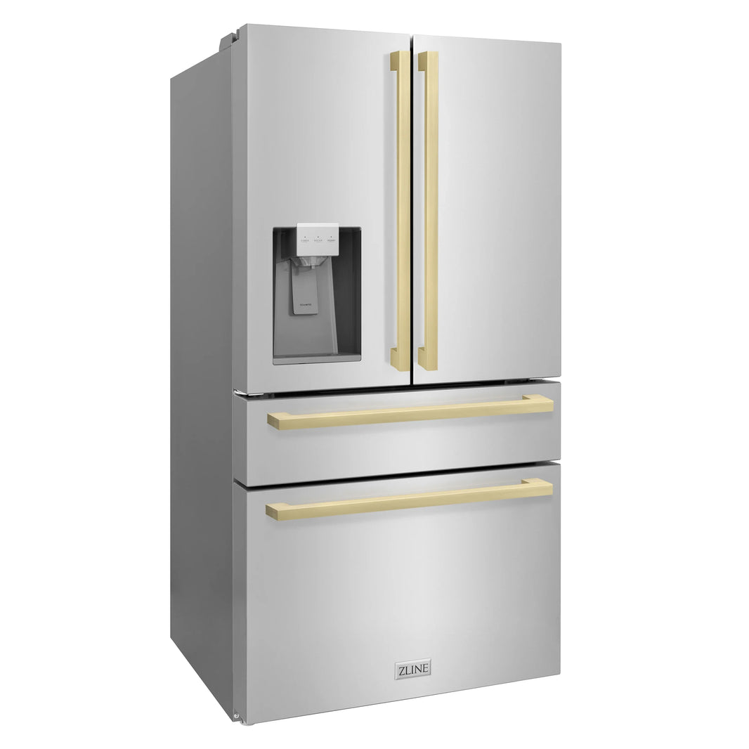 ZLINE 36-Inch Autograph Edition 21.6 cu. ft 4-Door French Door Refrigerator with Water and Ice Dispenser in Stainless Steel with Champagne Bronze Square Handles (RFMZ-W-36-FCB)