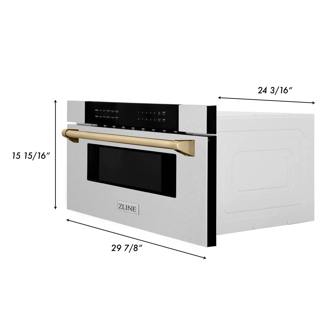 ZLINE Autograph Edition 30" 1.2 cu. ft. Built-In Microwave Drawer in Fingerprint Resistant DuraSnow Stainless Steel with Gold Accents (MWDZ-30-SS-G)