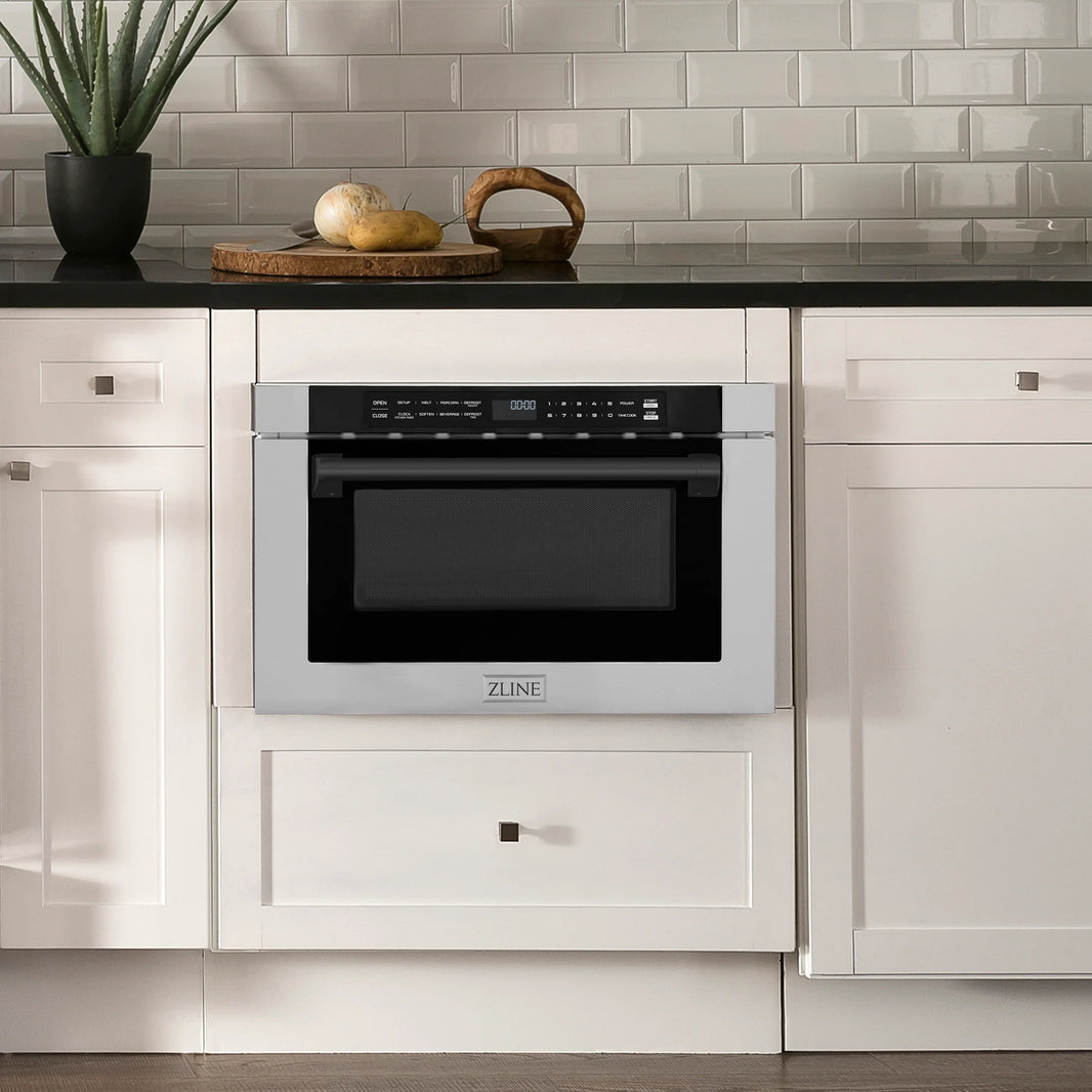 ZLINE Autograph Edition 24" 1.2 cu. ft. Built-in Microwave Drawer with a Traditional Handle in Stainless Steel and Matte Black Accents (MWDZ-1-H-MB)